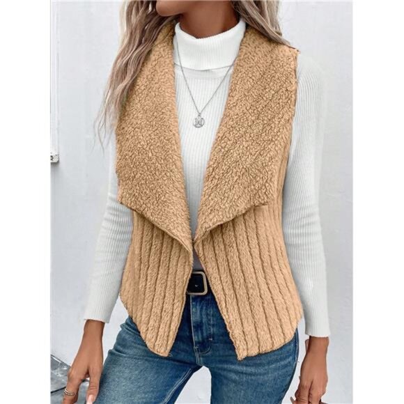 Women's Plain Minimalist Furry Collar Sleeveless Jacket For Daily Wear